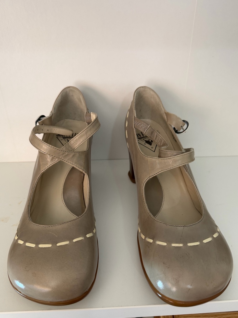 John Fluevog Taupe Mary Jane Heels with Cream Stitching